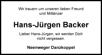 Traueranzeige von Hans-Jürgen Backer von Nordwest-Zeitung