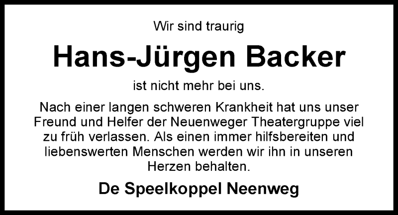  Traueranzeige für Hans-Jürgen Backer vom 29.03.2014 aus Nordwest-Zeitung