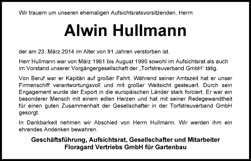  Traueranzeige für Alwin Hullmann vom 29.03.2014 aus Nordwest-Zeitung