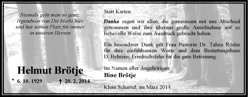  Traueranzeige für Helmut Brötje vom 29.03.2014 aus Nordwest-Zeitung