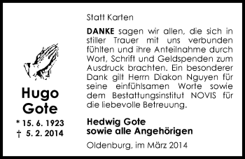 Traueranzeige von Hugo Gote von Nordwest-Zeitung