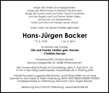 Traueranzeige von Hans-Jürgen Backer von Nordwest-Zeitung