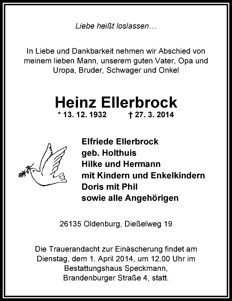  Traueranzeige für Heinz Ellerbrock vom 29.03.2014 aus Nordwest-Zeitung