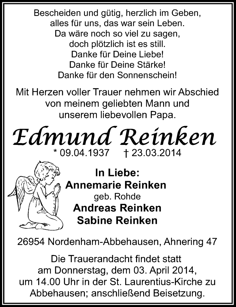  Traueranzeige für Edmund Reinken vom 29.03.2014 aus Nordwest-Zeitung