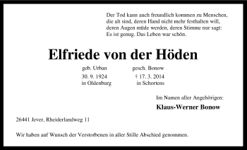 Traueranzeige von Elfriede von der Höden von Nordwest-Zeitung