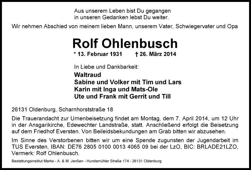  Traueranzeige für Rolf Ohlenbusch vom 29.03.2014 aus Nordwest-Zeitung