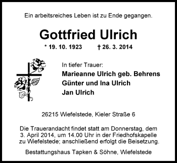 Traueranzeige von Gottfried Ulrich von Nordwest-Zeitung