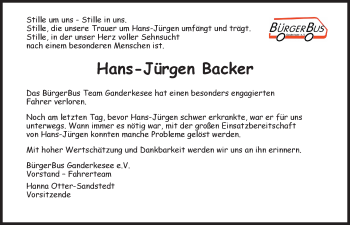 Traueranzeige von Hans-Jürgen Backer von Nordwest-Zeitung