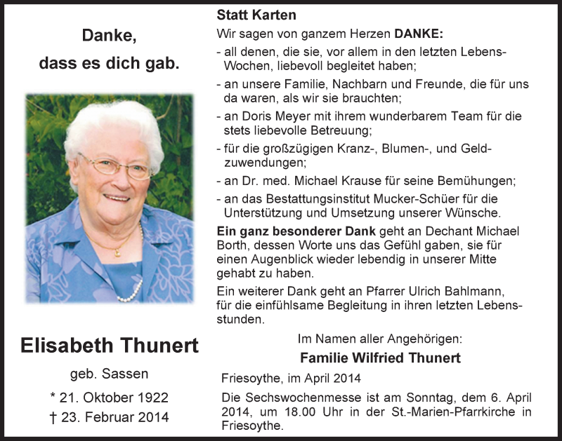  Traueranzeige für Elisabeth Thunert vom 03.04.2014 aus Nordwest-Zeitung