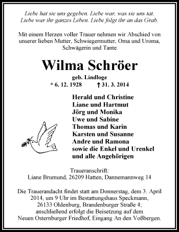Traueranzeige von Wilma Schröer von Nordwest-Zeitung