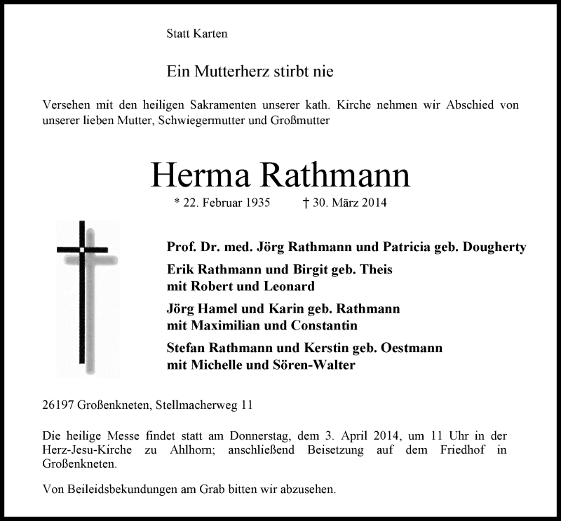  Traueranzeige für Herma Rathmann vom 01.04.2014 aus Nordwest-Zeitung