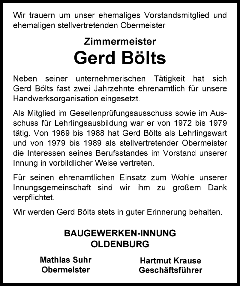  Traueranzeige für Gerd Bölts vom 01.04.2014 aus Nordwest-Zeitung