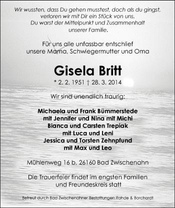 Traueranzeige von Gisela Britt von Nordwest-Zeitung