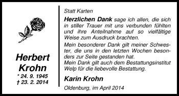 Traueranzeige von Herbert Krohn von Nordwest-Zeitung