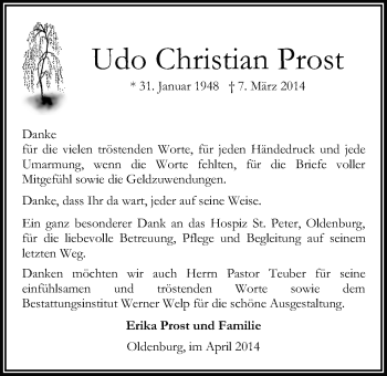 Traueranzeige von Udo Christian Prost von Nordwest-Zeitung