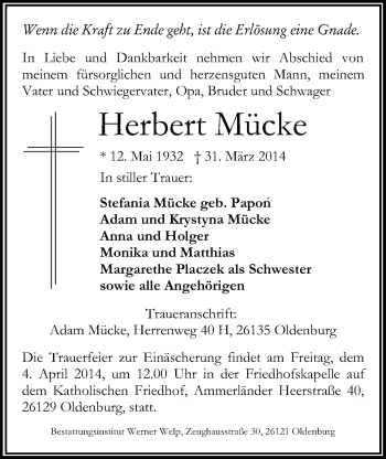 Traueranzeige von Herbert Mücke von Nordwest-Zeitung