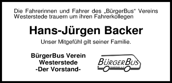 Traueranzeige von Hans-Jürgen Backer von Nordwest-Zeitung