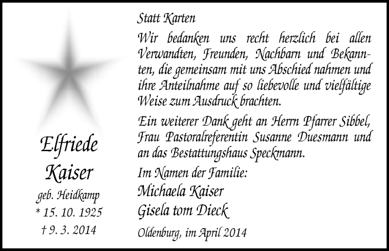  Traueranzeige für Elfriede Kaiser vom 05.04.2014 aus Nordwest-Zeitung