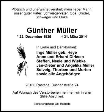 Traueranzeige von Günther Müller von Nordwest-Zeitung