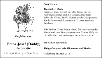 Traueranzeige von Franz-Josef Gronotte von Nordwest-Zeitung