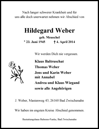 Traueranzeige von Hildegard Weber von Nordwest-Zeitung