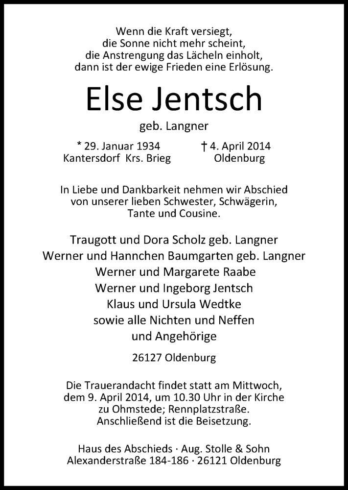  Traueranzeige für Else Jentsch vom 07.04.2014 aus Nordwest-Zeitung