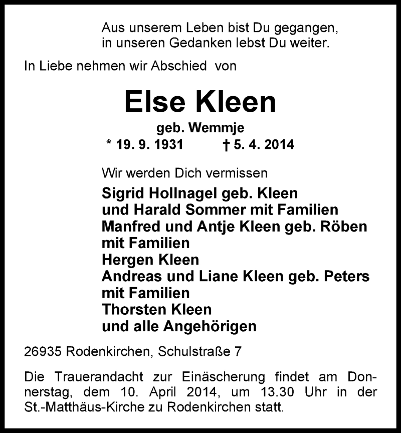  Traueranzeige für Else Kleen vom 08.04.2014 aus Nordwest-Zeitung