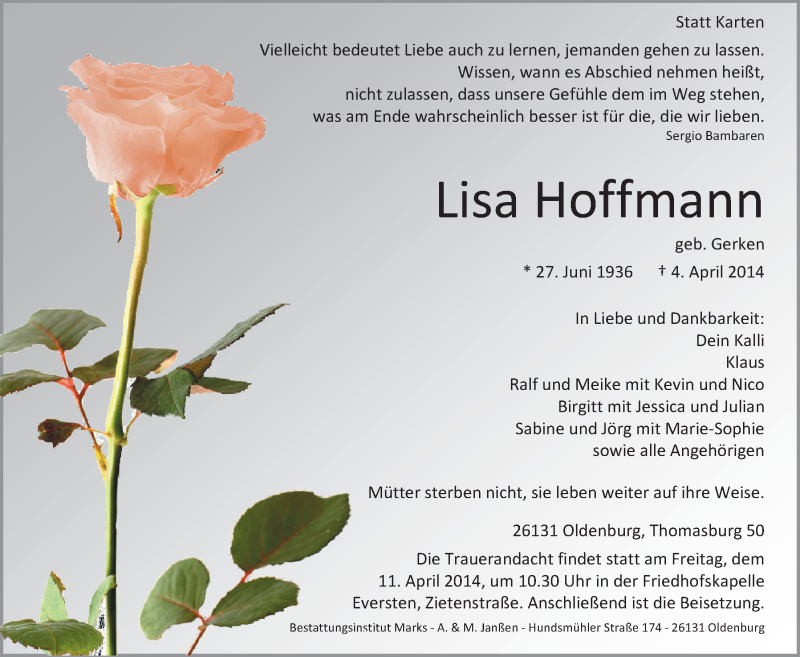  Traueranzeige für Lisa Hoffmann vom 08.04.2014 aus Nordwest-Zeitung