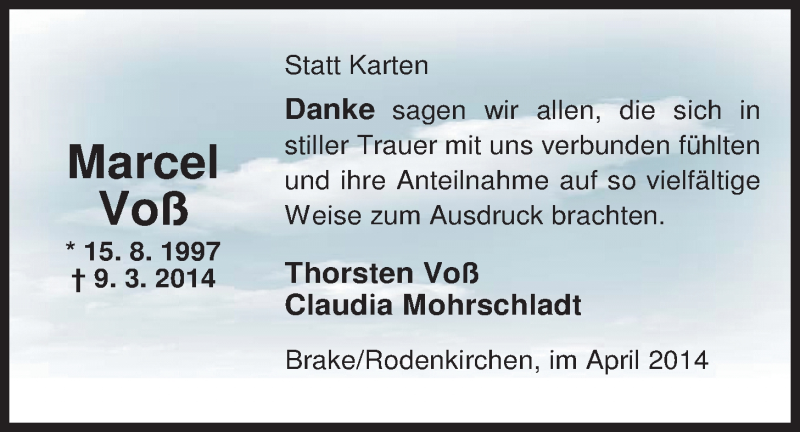  Traueranzeige für Marcel Voß vom 12.04.2014 aus Nordwest-Zeitung