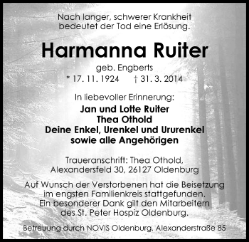 Traueranzeige von Harmanna Ruiter von Nordwest-Zeitung
