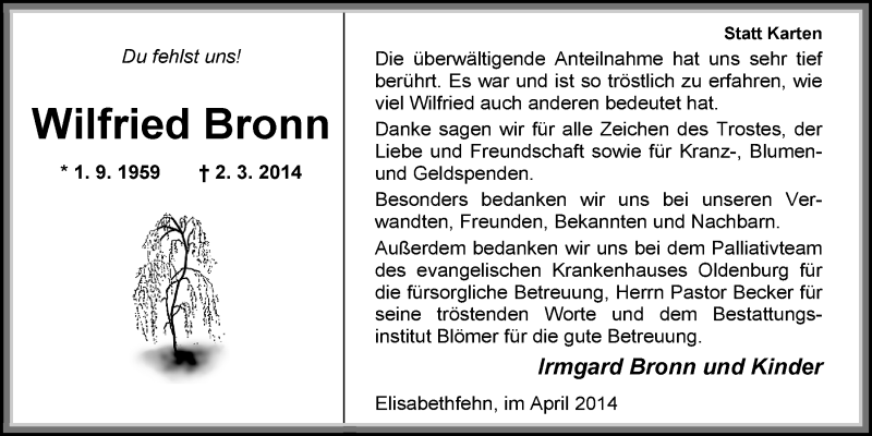  Traueranzeige für Wilfried Bronn vom 12.04.2014 aus Nordwest-Zeitung