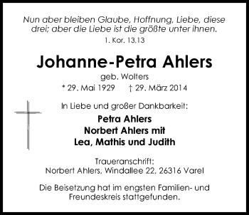 Traueranzeige von Johanne-Petra Ahlers von Nordwest-Zeitung