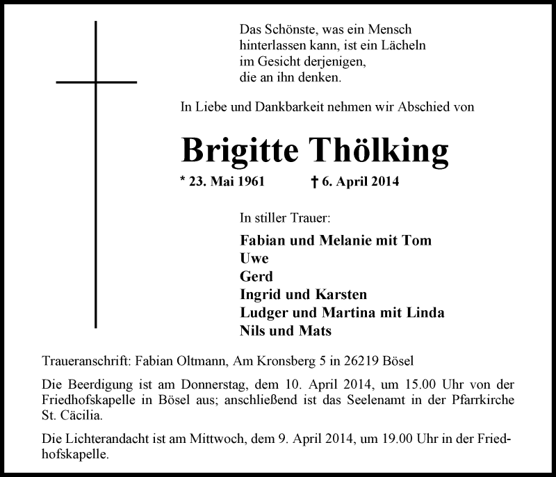  Traueranzeige für Brigitte Thölking vom 09.04.2014 aus Nordwest-Zeitung
