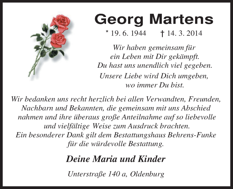  Traueranzeige für Georg Martens vom 10.04.2014 aus Nordwest-Zeitung
