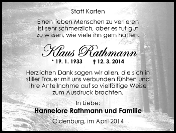 Traueranzeige von Klaus Rathmann von Nordwest-Zeitung