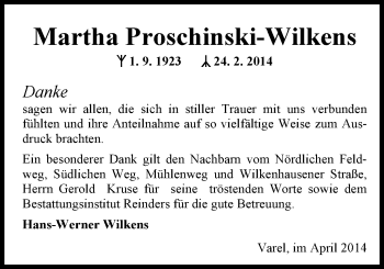 Traueranzeige von Martha Proschinski-Wilkens von Nordwest-Zeitung