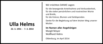 Traueranzeige von Ulla Helms von Nordwest-Zeitung