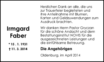 Traueranzeige von Irmgard Faber von Nordwest-Zeitung