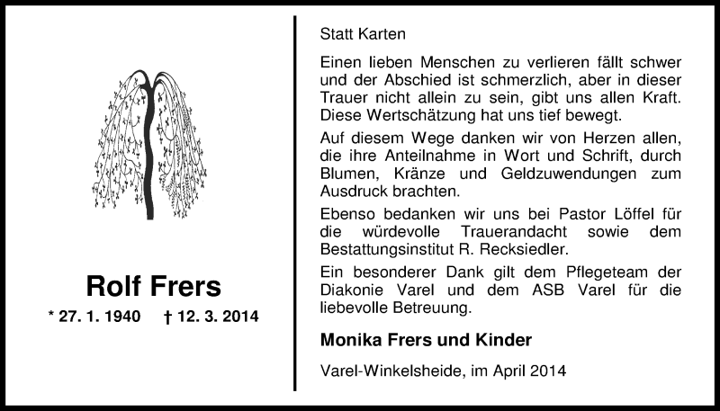  Traueranzeige für Rolf Frers vom 12.04.2014 aus Nordwest-Zeitung