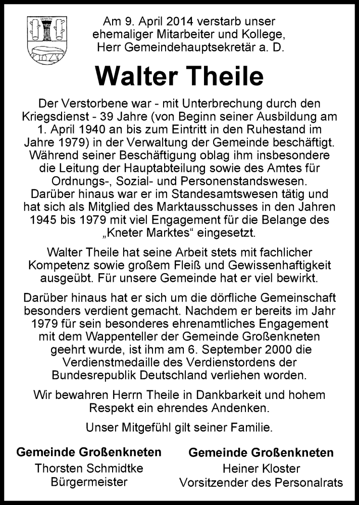 Traueranzeige für Walter Theile vom 12.04.2014 aus Nordwest-Zeitung