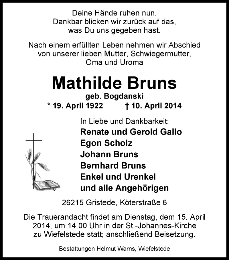  Traueranzeige für Mathilde Bruns vom 12.04.2014 aus Nordwest-Zeitung