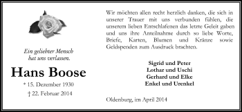 Traueranzeige von Hans Boose von Nordwest-Zeitung