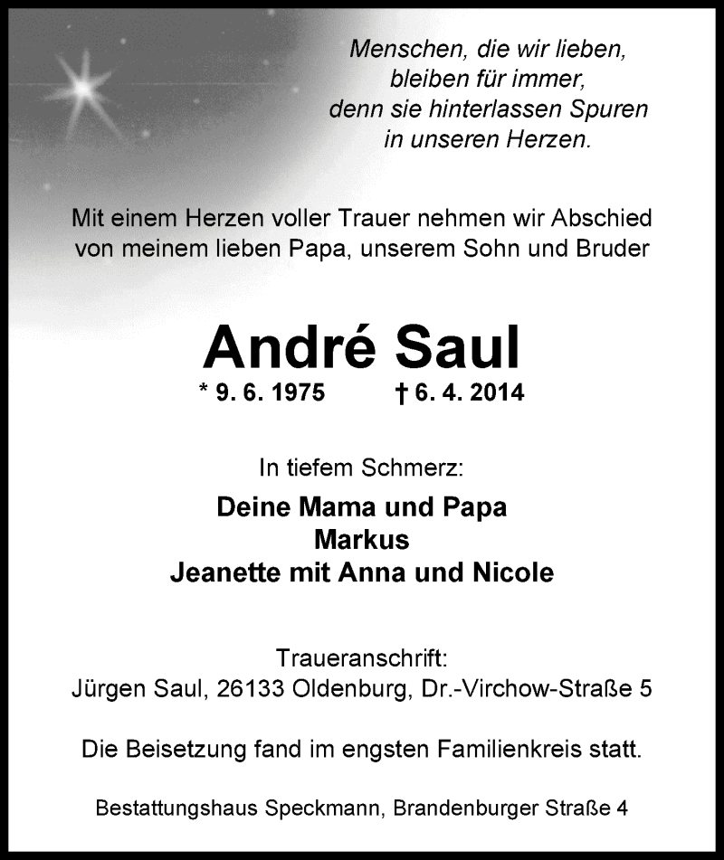  Traueranzeige für André Saul vom 12.04.2014 aus Nordwest-Zeitung