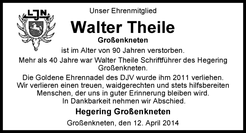  Traueranzeige für Walter Theile vom 12.04.2014 aus Nordwest-Zeitung