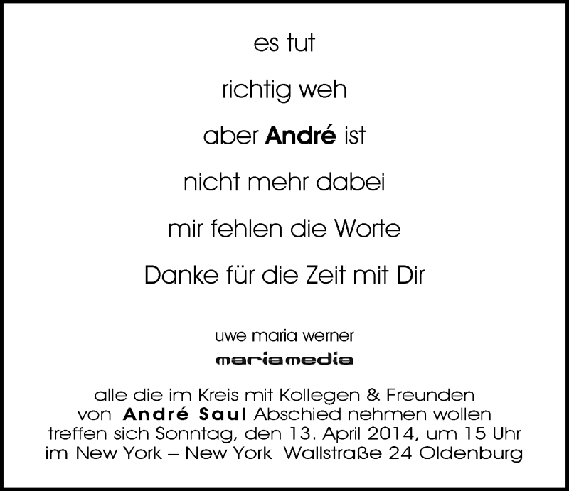  Traueranzeige für André Saul vom 12.04.2014 aus Nordwest-Zeitung
