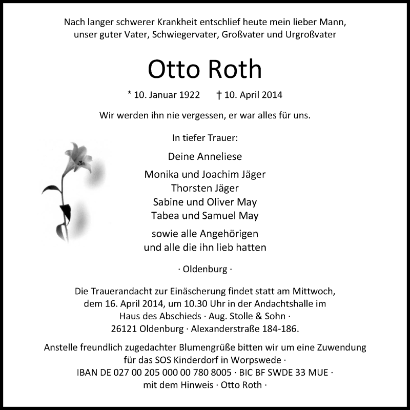  Traueranzeige für Otto Roth vom 12.04.2014 aus Nordwest-Zeitung