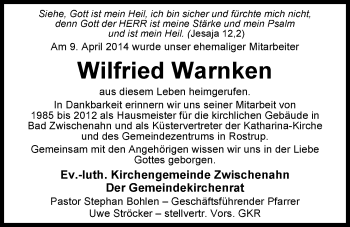 Traueranzeige von Wilfried Warnken von Nordwest-Zeitung