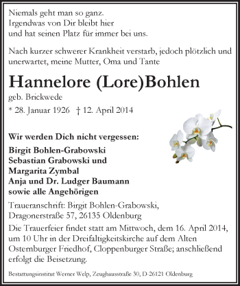 Traueranzeige von Hannelore Bohlen von Nordwest-Zeitung