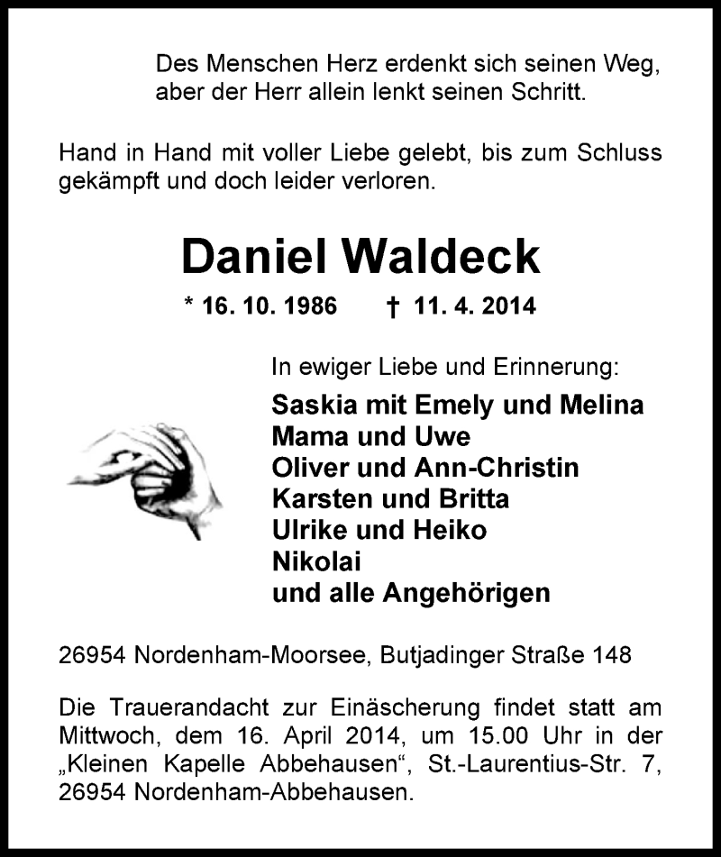  Traueranzeige für Daniel Waldeck vom 14.04.2014 aus Nordwest-Zeitung