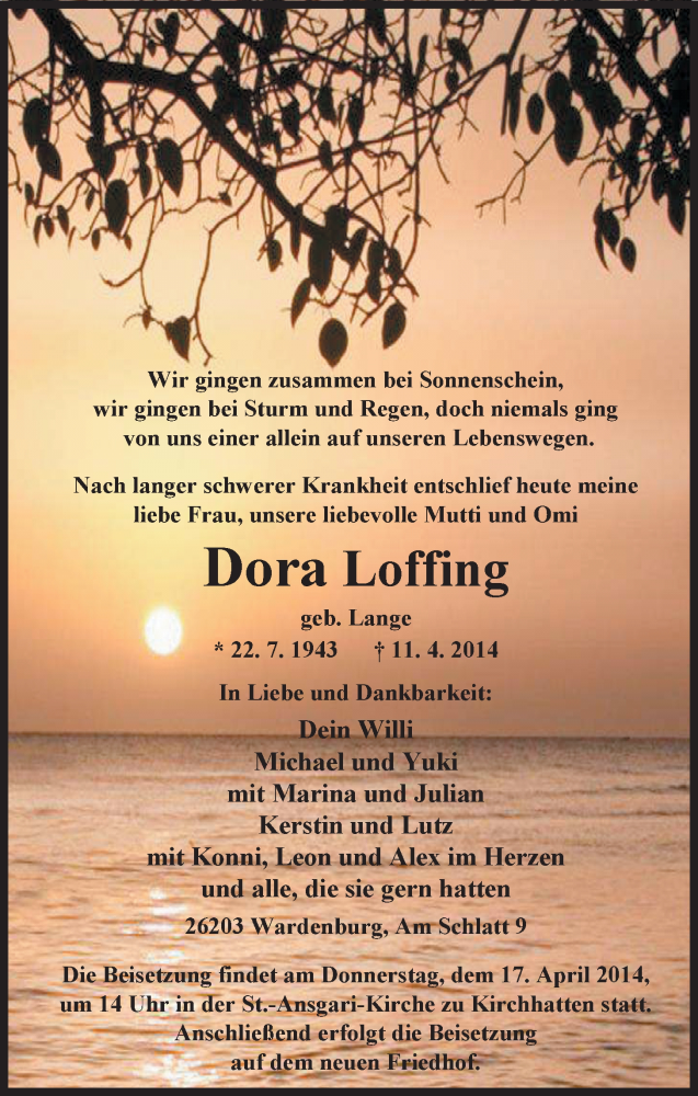  Traueranzeige für Dora Loffing vom 14.04.2014 aus Nordwest-Zeitung